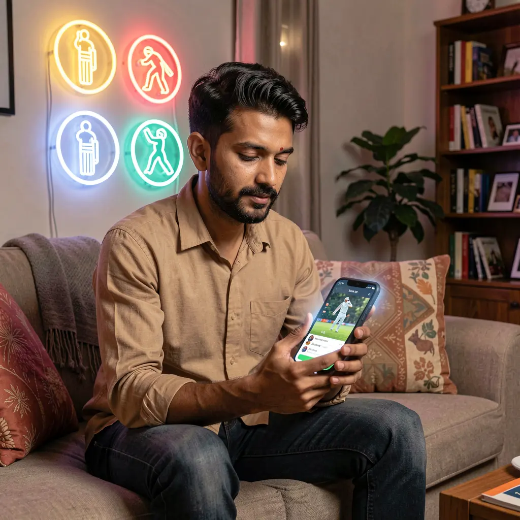 Confident Bangladeshi player placing live cricket bets through the XE 66 BD app with glowing stadium lights and a thrilling sports atmosphere