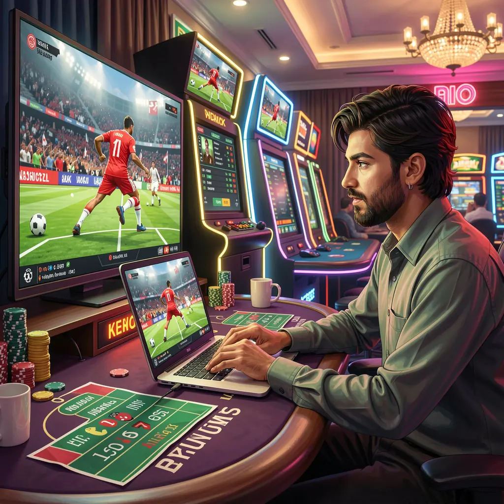 Focused Bangladeshi sports bettor analyzing live football odds on a laptop while watching the match on TV using XE 66 BD