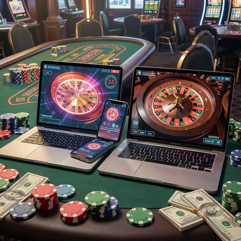 Modern digital roulette gameplay displayed on a laptop and smartphone with scattered casino chips highlighting the immersive XE 66 BD online casino experience in Bangladesh