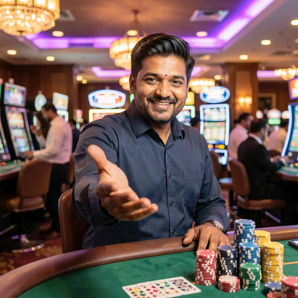 Confident Bangladeshi casino dealer reaching out with floating poker chips symbolizing trusted and modern gaming on XE 66 BD in Bangladesh