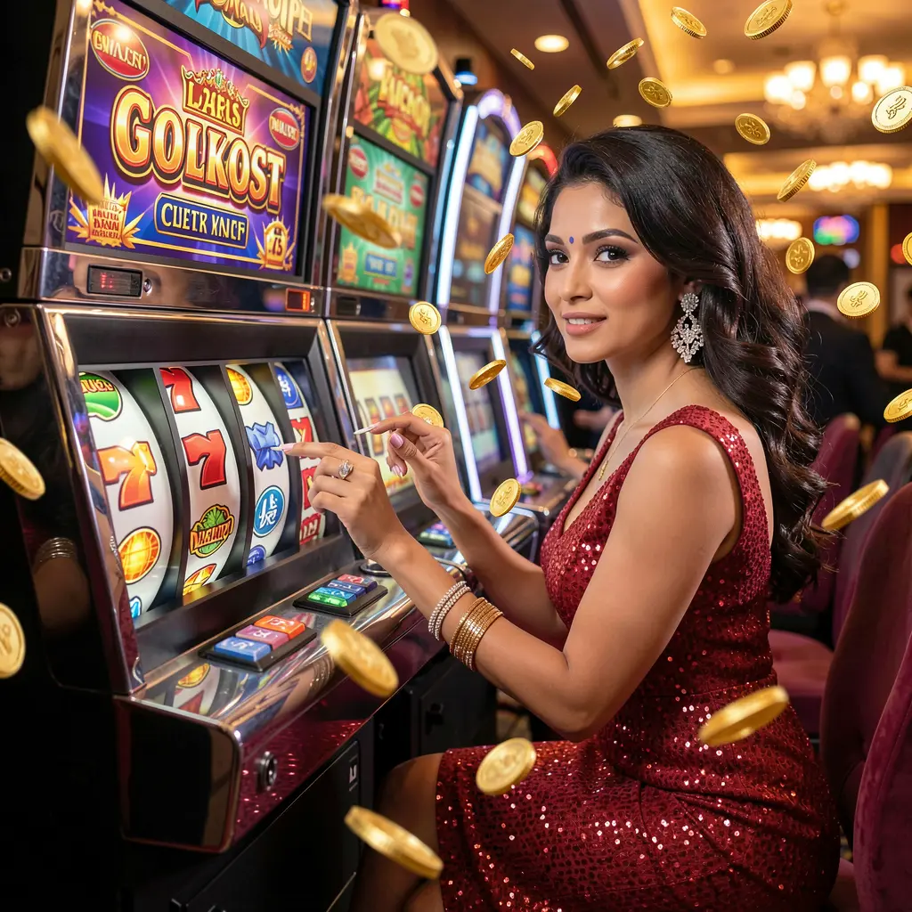 A glamorous woman in a sparkling red dress playing a glowing slot machine with spinning reels and falling coins at XE 66 BD casino in Bangladesh